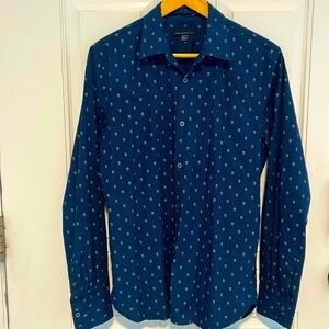 John Varvatos Navy Blue Skull Print Long Sleeve Button Up Shirt